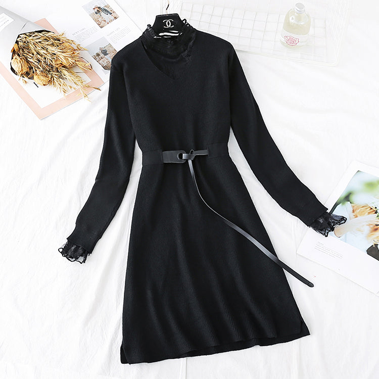 Knitted dress lace backing fake two skirts  4493