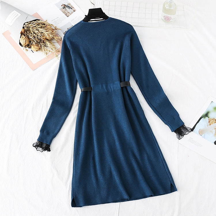 Knitted dress lace backing fake two skirts  4493