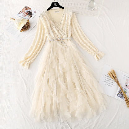 Lace dress French Vintage mesh stitched cake skirt with a slim waist  4498