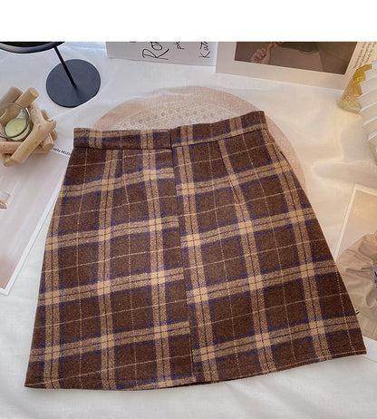 Hong Kong style retro plaid pattern shows thin high waist short skirt fashion  5624