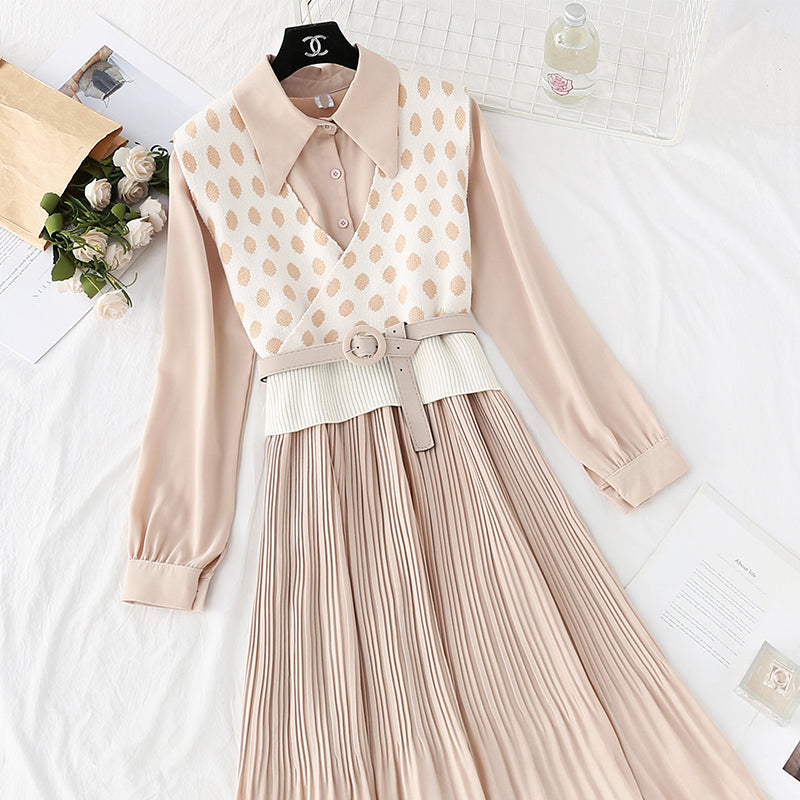 French retro wave point vest long skirt two-piece suit  4732
