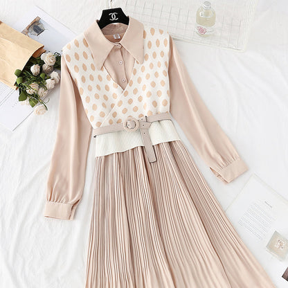 French retro wave point vest long skirt two-piece suit  4732