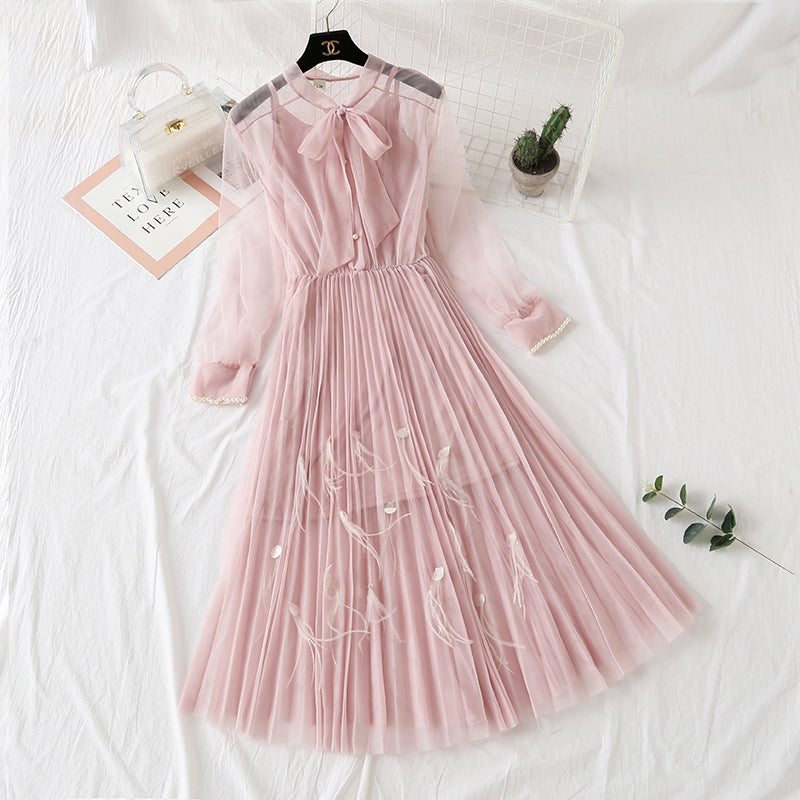 Gauze dress feather nail bead long sleeve sling  4311