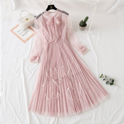 Gauze dress feather nail bead long sleeve sling  4311