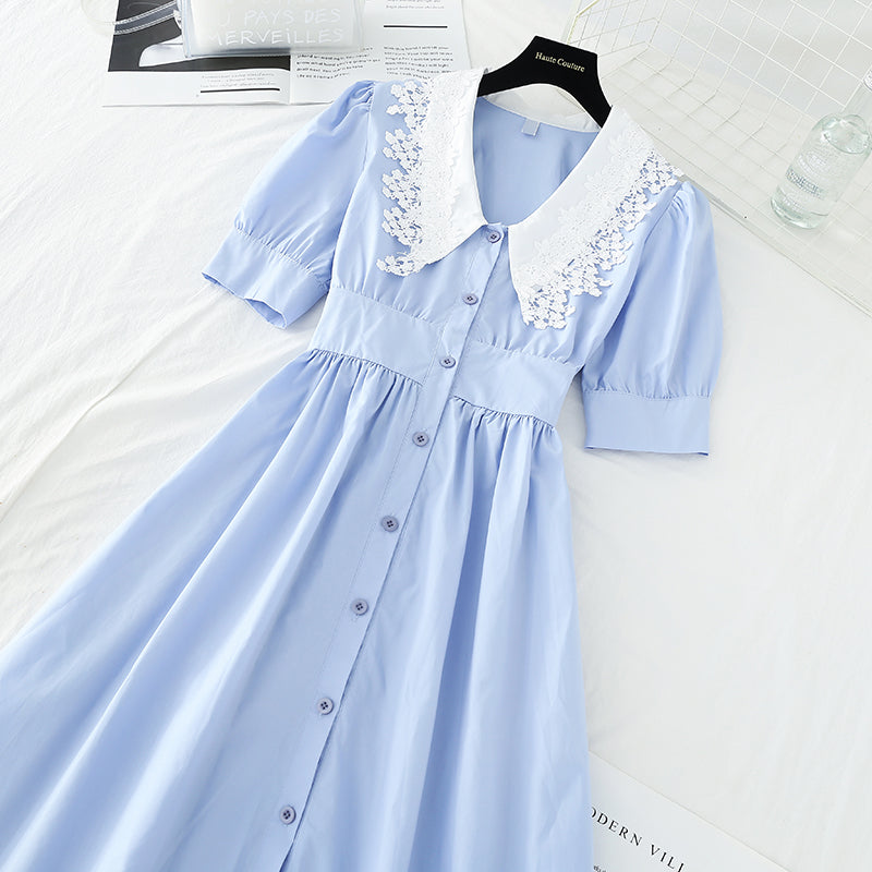 Lace doll neck dress bow belt waist slim  4191