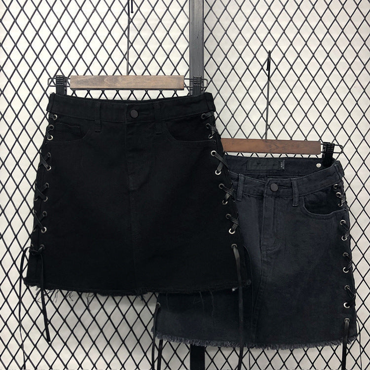 Side strap high waistwomen's denim skirtA line skirt  3718