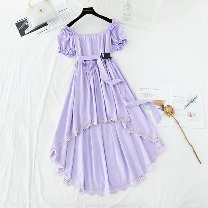 Narrow waist, thin bubble sleeve temperament, sweet white irregular skirt  4194