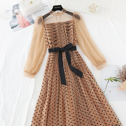 Gauze long sleeve pleated slim dress  4096
