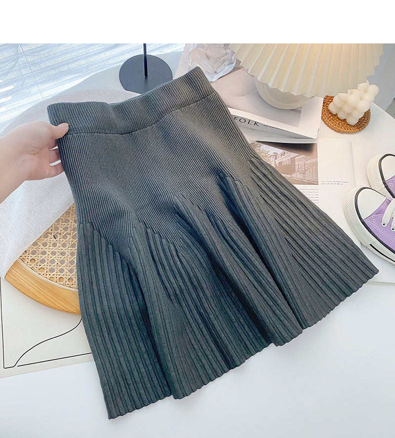 Knitted skirt, versatile pleated high waist A-line skirt  5339