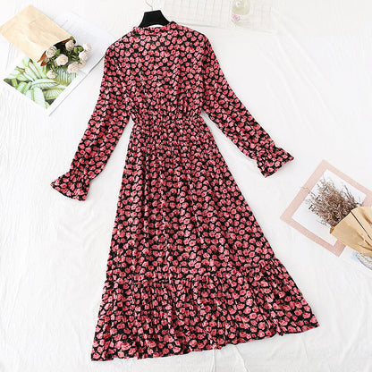 Retro broken flower pleated Korean version waist fairy long skirt  3814