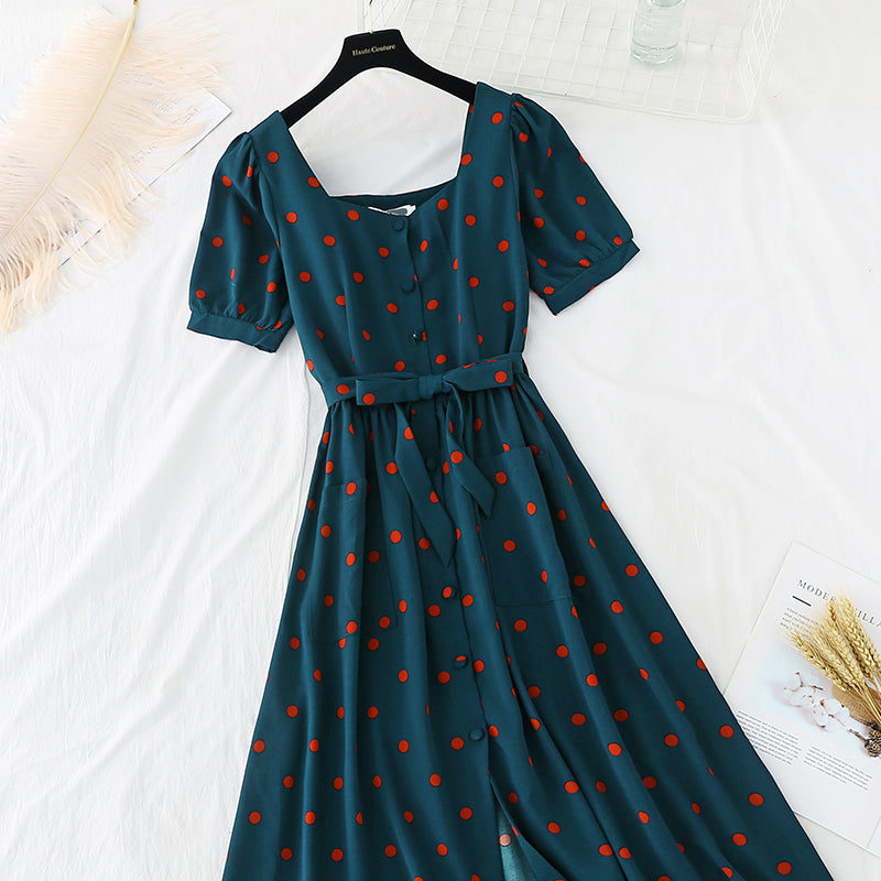 French retro fairy super fairy series square neck dress  4213