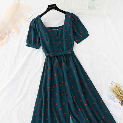 French retro fairy super fairy series square neck dress  4213