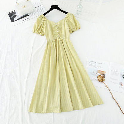 French retro bubble sleeve waist closing temperament long skirt  4196