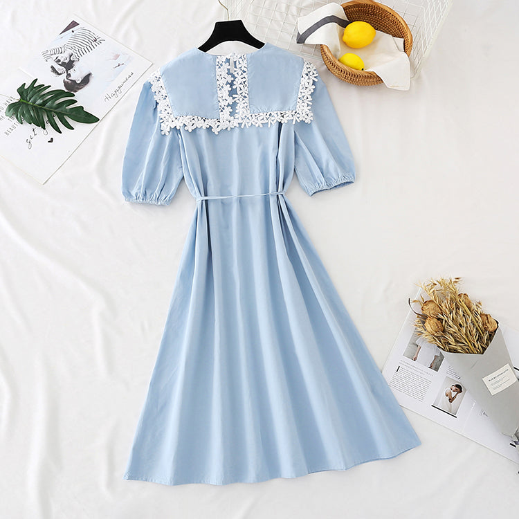 Lace doll neck cotton linen dress French retro bubble sleeve  4590