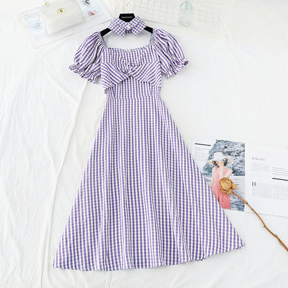 New style bubble sleeve design sense of minority French retro plaid skirt  4691