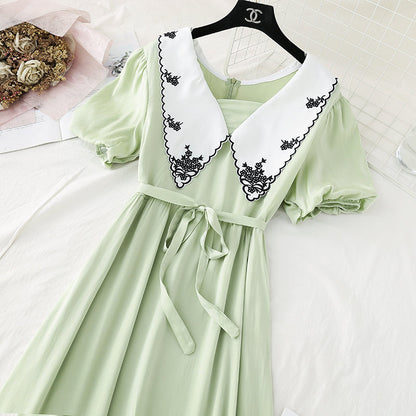 French retro waist closed to show thin temperament bubble sleeve skirt  4144