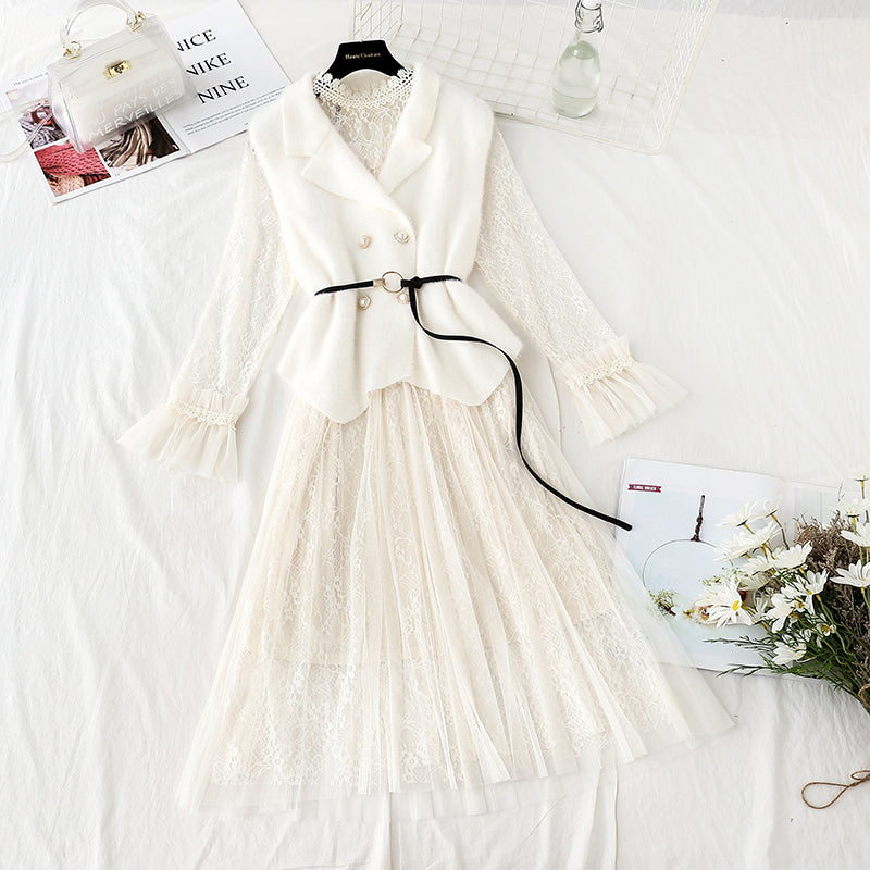Super fairy lace dress vest skirt two piece set  4740