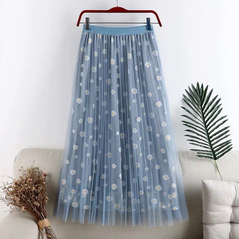 New style, double mesh, Daisy high waist A-line skirt, mid-length skirt  3589