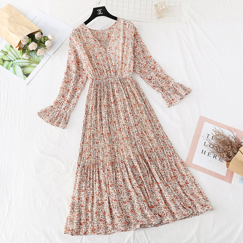 New style small fresh pleated French retro long skirt Kikyo skirt  4523