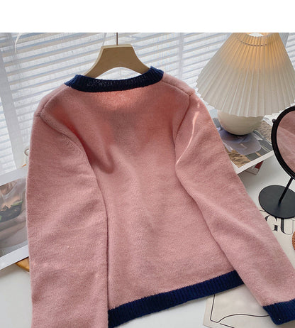 Western style casual color matching single breasted round neck top  6017