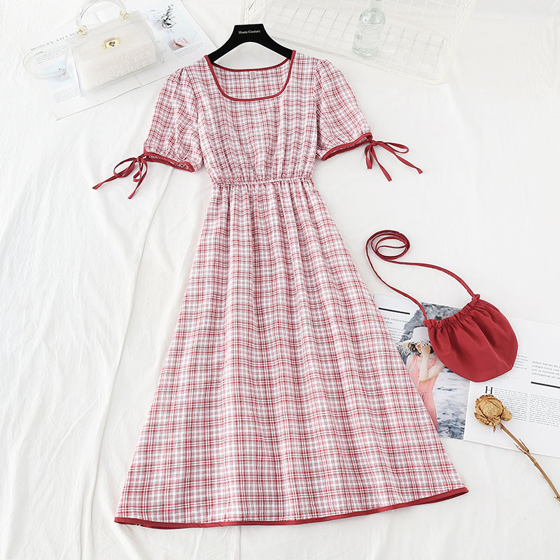 Fresh lace up, thin and high temperament, square neck Plaid Dress  4210