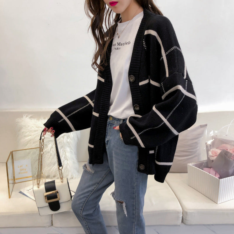 Harajuku sweater cardigan Plaid loose and versatile  4913