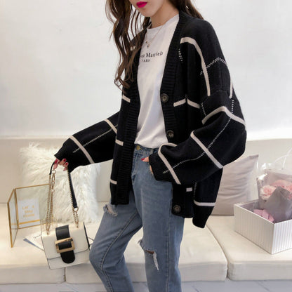 Harajuku sweater cardigan Plaid loose and versatile  4913