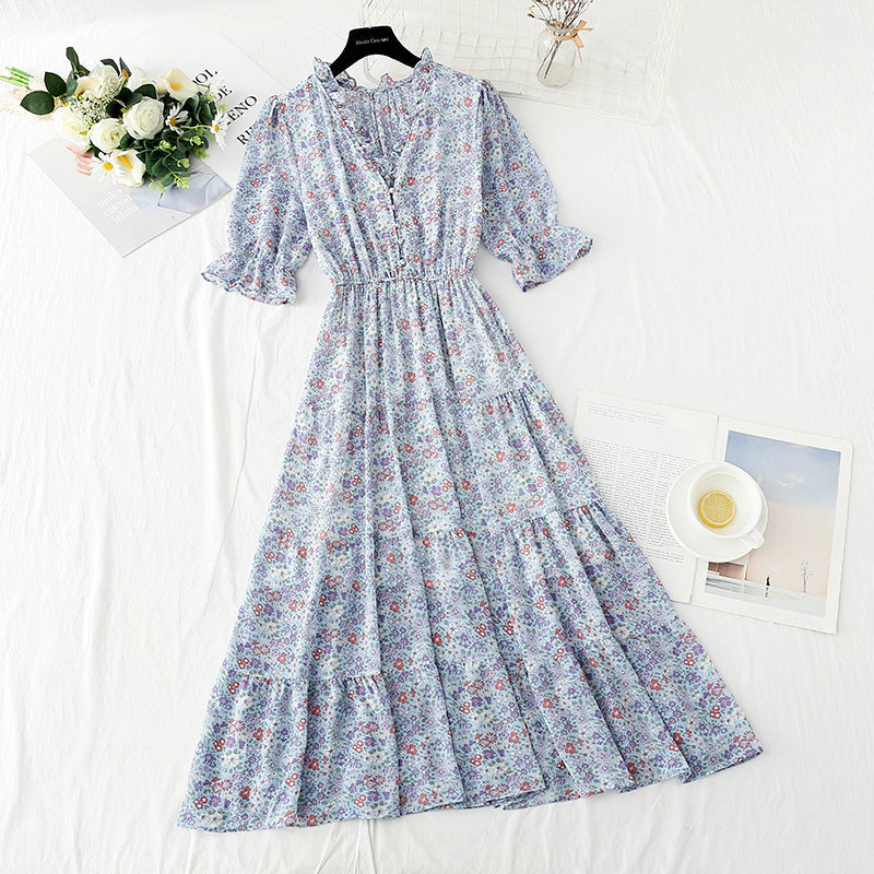 New sweet Floral Chiffon French V-neck slim fairy skirt  4872