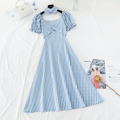 Narrow waist, thin temperament, bubble sleeve design, minority French retro plaid skirt  4214