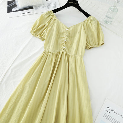 French retro bubble sleeve waist closing temperament long skirt  4196