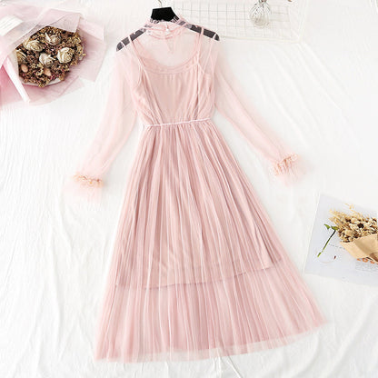 New suspender pleated long skirt fairy super fairy series French Retro  4025