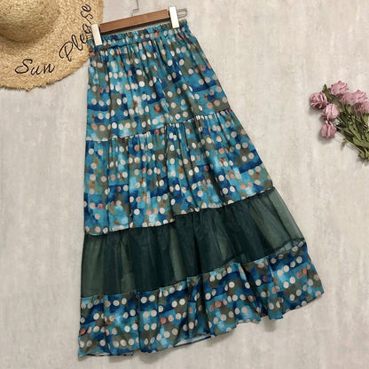 polka dot print splicing mesh drape feeling gauze skirt  3688