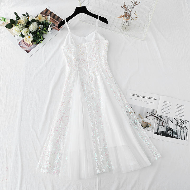French white suspender dress mesh stitched sequins high waist thin  4428