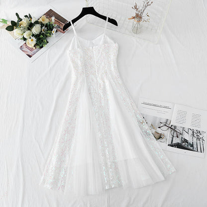 French white suspender dress mesh stitched sequins high waist thin  4428