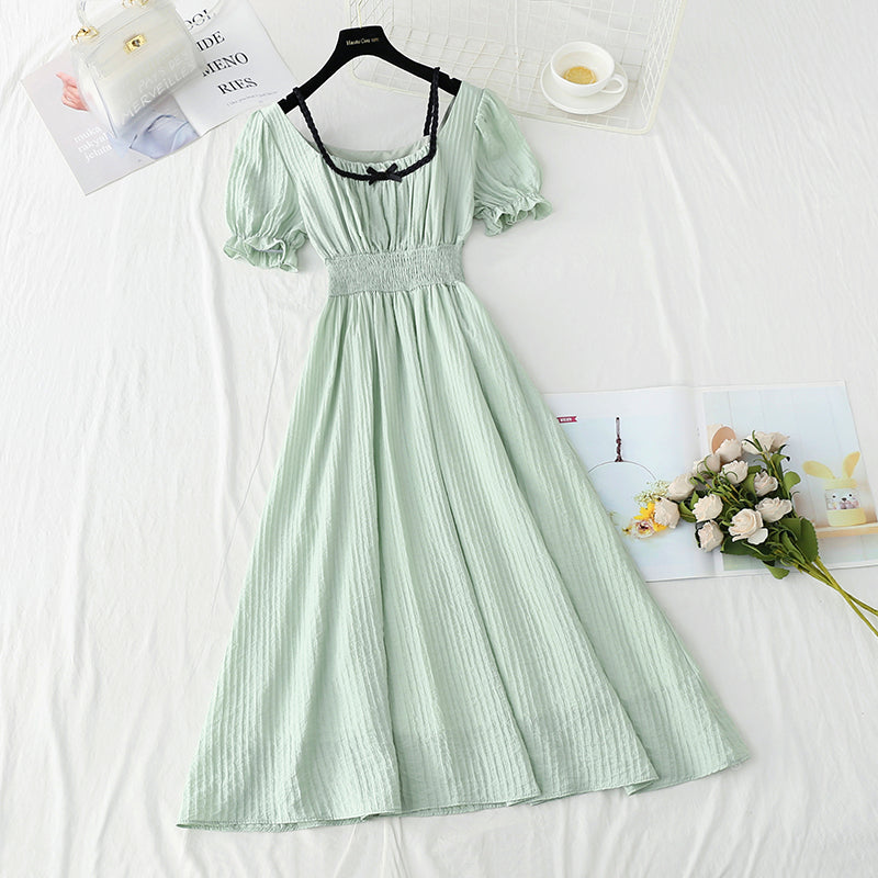 New French retro long skirt small fresh bubble sleeve skirt  4250