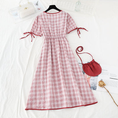 Fresh lace up thin high square neck Red Plaid Dress female  4689