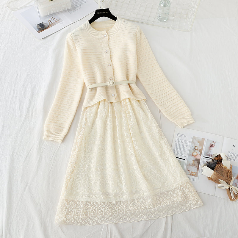 Sweater with lace skirt age reduction suit fashion two-piece suit  4557