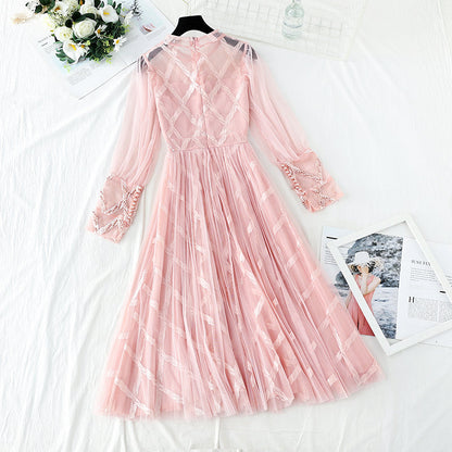 New style temperament, slim waist, sweet pearl Sequin mesh long skirt  4724
