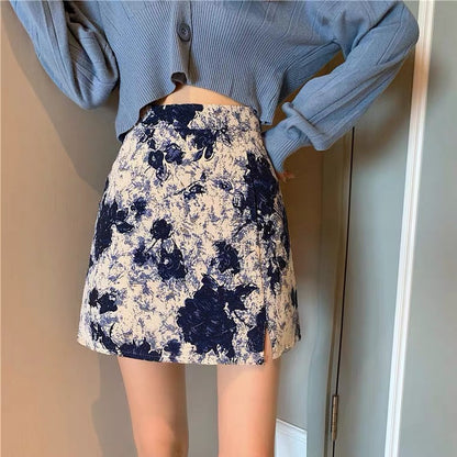 Oil painting skirt, new style, high waist, short skirt, buttock skirt, split A-line skirt  3558