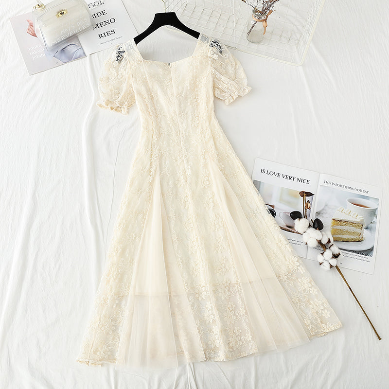 Lace dress with slim waist small skirt  4422