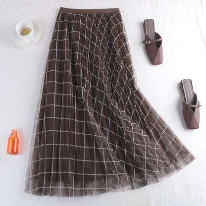 New early spring style, mesh skirt, plaid print pleated skirt  3709