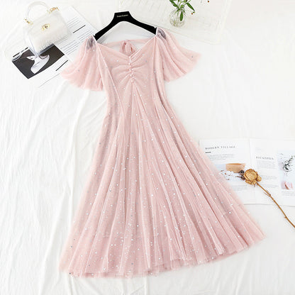 Star Sequin gauze waist closing thin French dress  4398