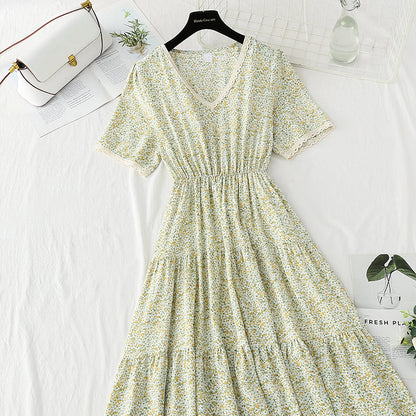 New sweet broken Flower Chiffon French retro lace V-neck slim dress  4873