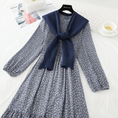 Long large skirt stitched small fresh floral dress with shawl  3880