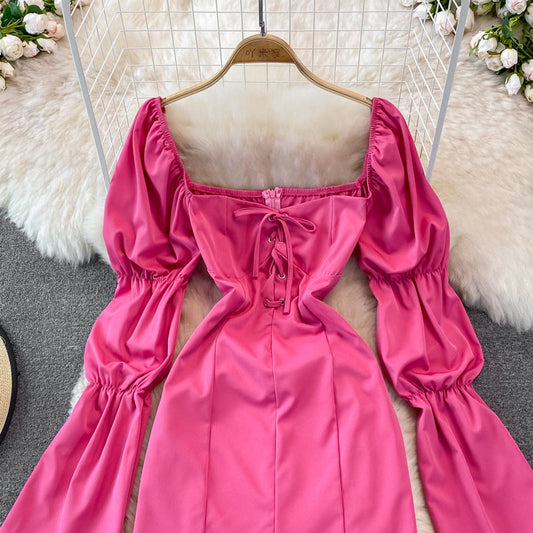 Bubble sleeve square neck high waist slim dress  3761