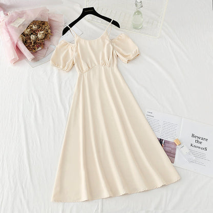 New French pearl off shoulder sling small skirt Bubble Sleeve Chiffon Skirt  4870