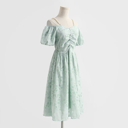 French off shoulder suspender cotton linen dress  4293
