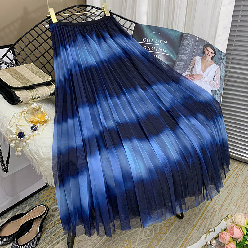 New gauze skirt, clash color stripes pleated skirt, midi vertical skirt with gradient color  3677