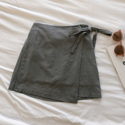 Bow tie lace up cotton hemp skirt high waist anti tarnish  5337
