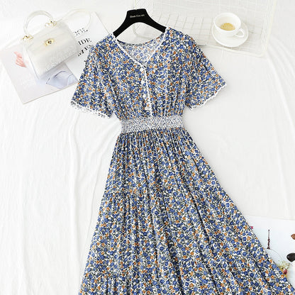 Cotton linen dress female V-neck floral dress waist  4245